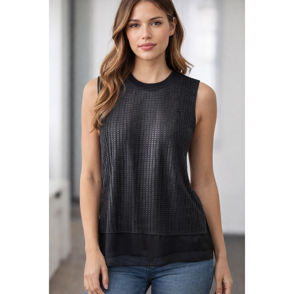 Vince Black Textured Grid Layered Silk‎ Hem Sleeveless Top Womens XS